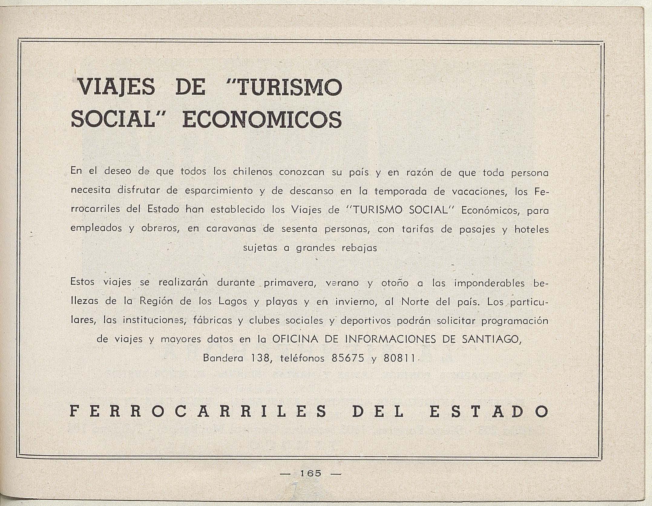 Publicidad de viajes de turismo social de la Empresa de Ferrocarriles del Estado