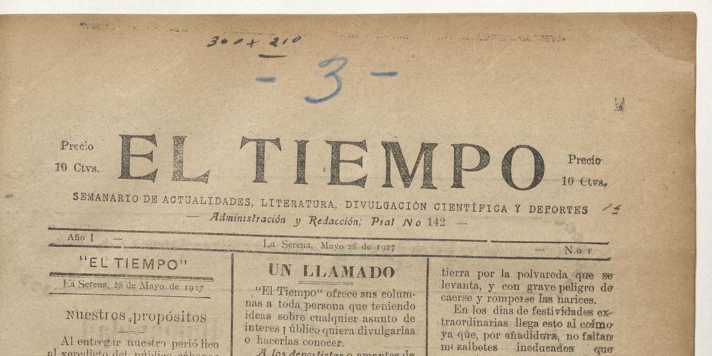 El Tiempo, número 1, 28 de mayo de 1927