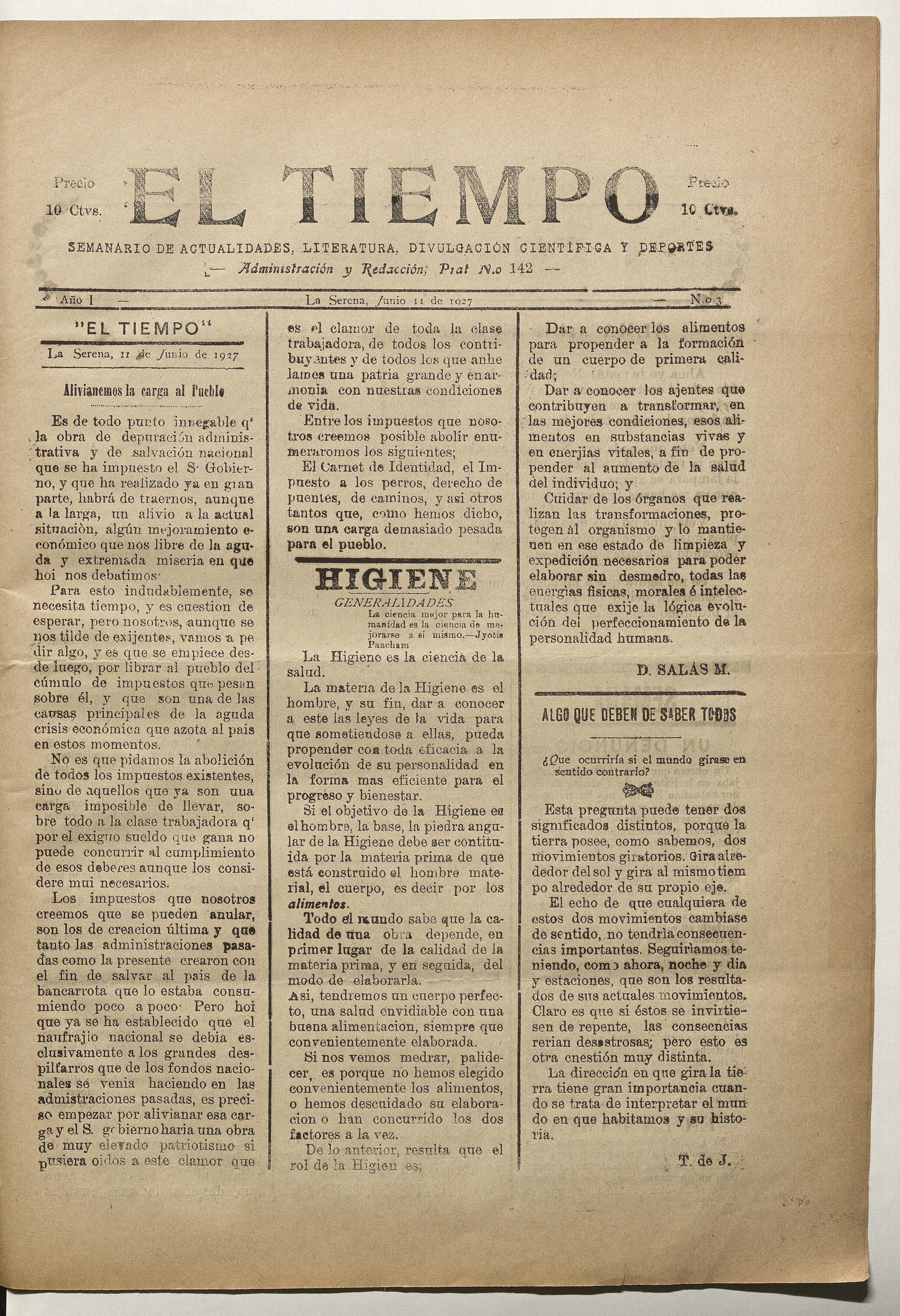 El Tiempo, número 3, 11 de junio de 1927