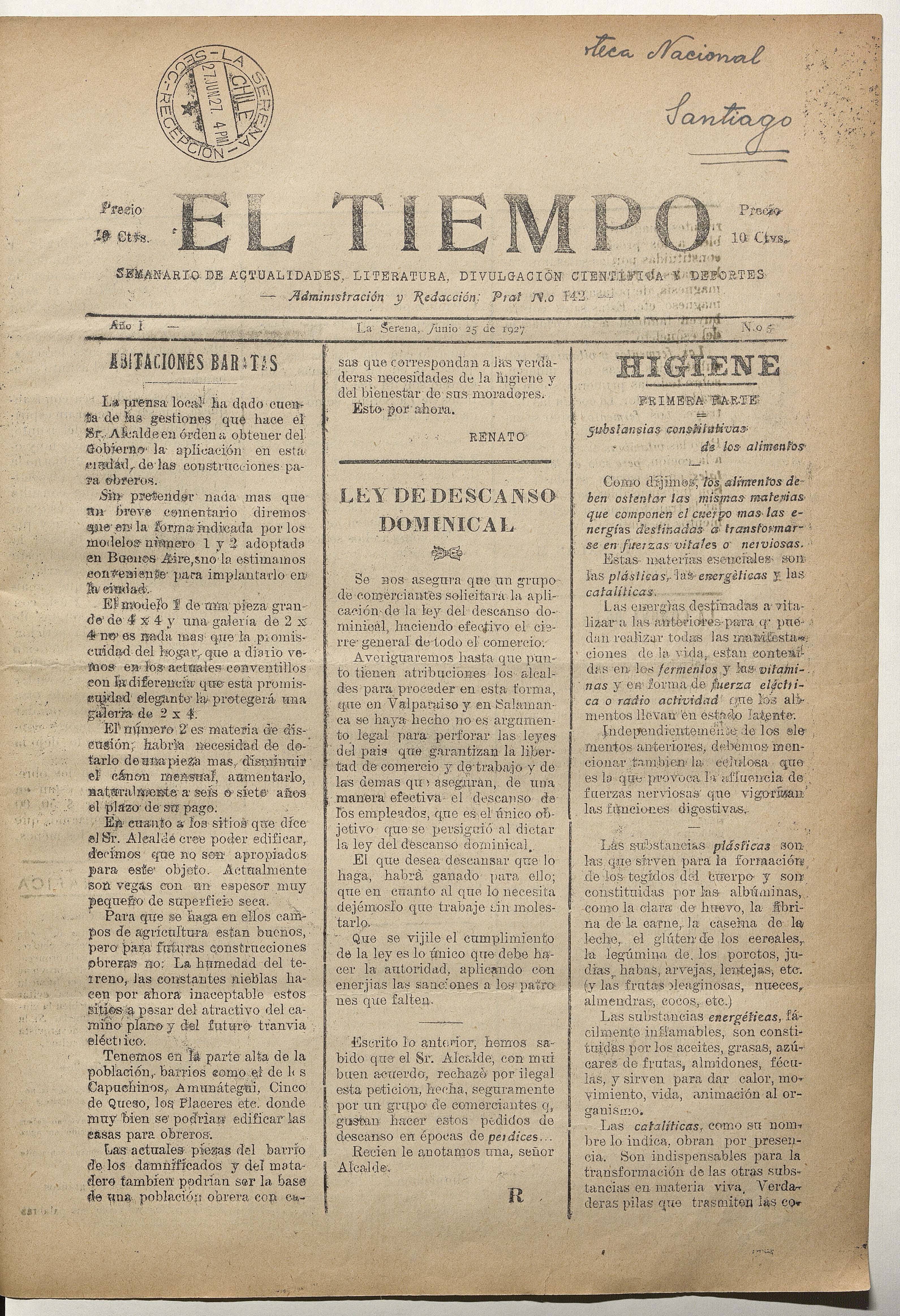 El Tiempo, número 5, 25 de junio de 1927