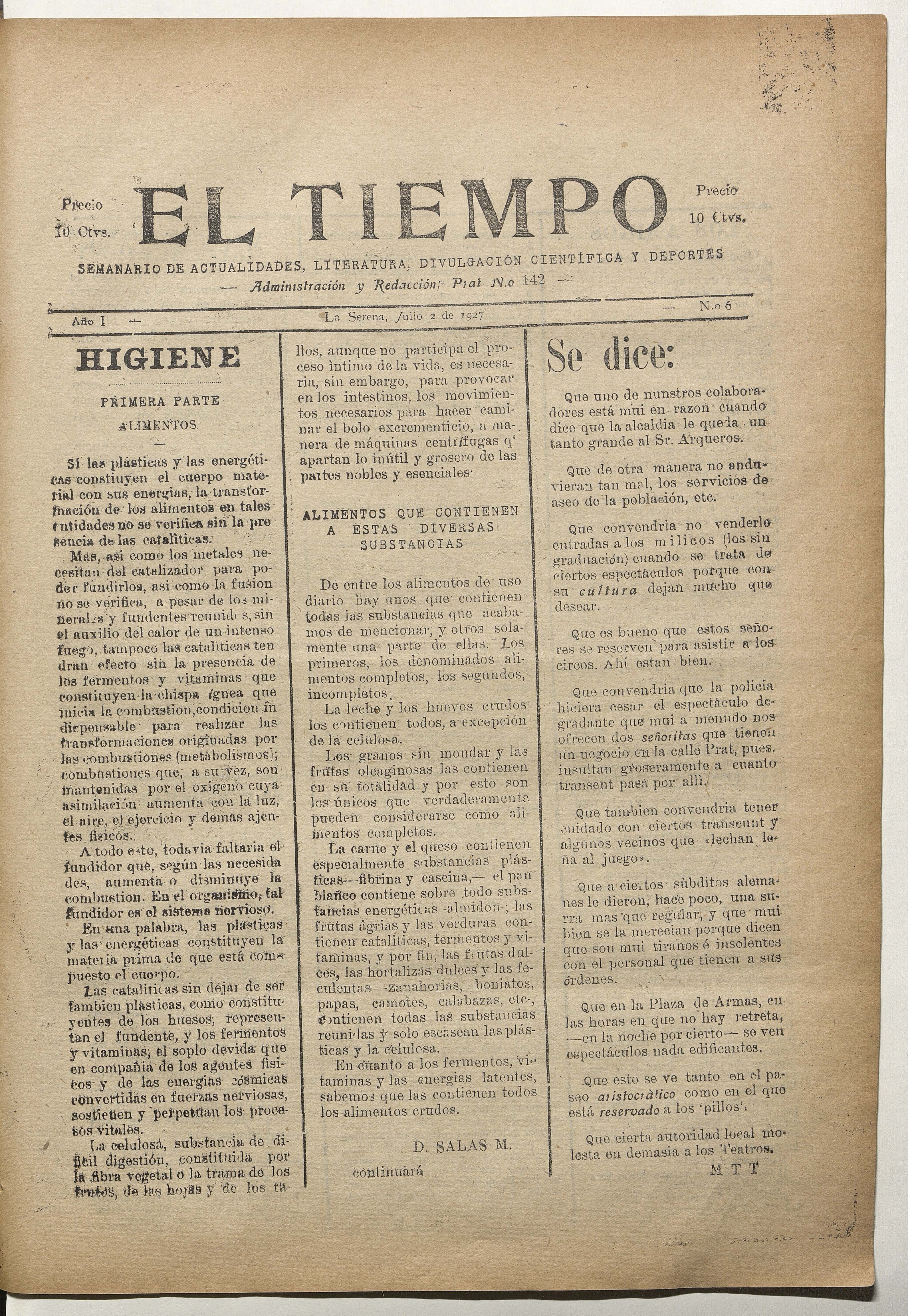 El Tiempo, número 6, 2 de julio de 1927