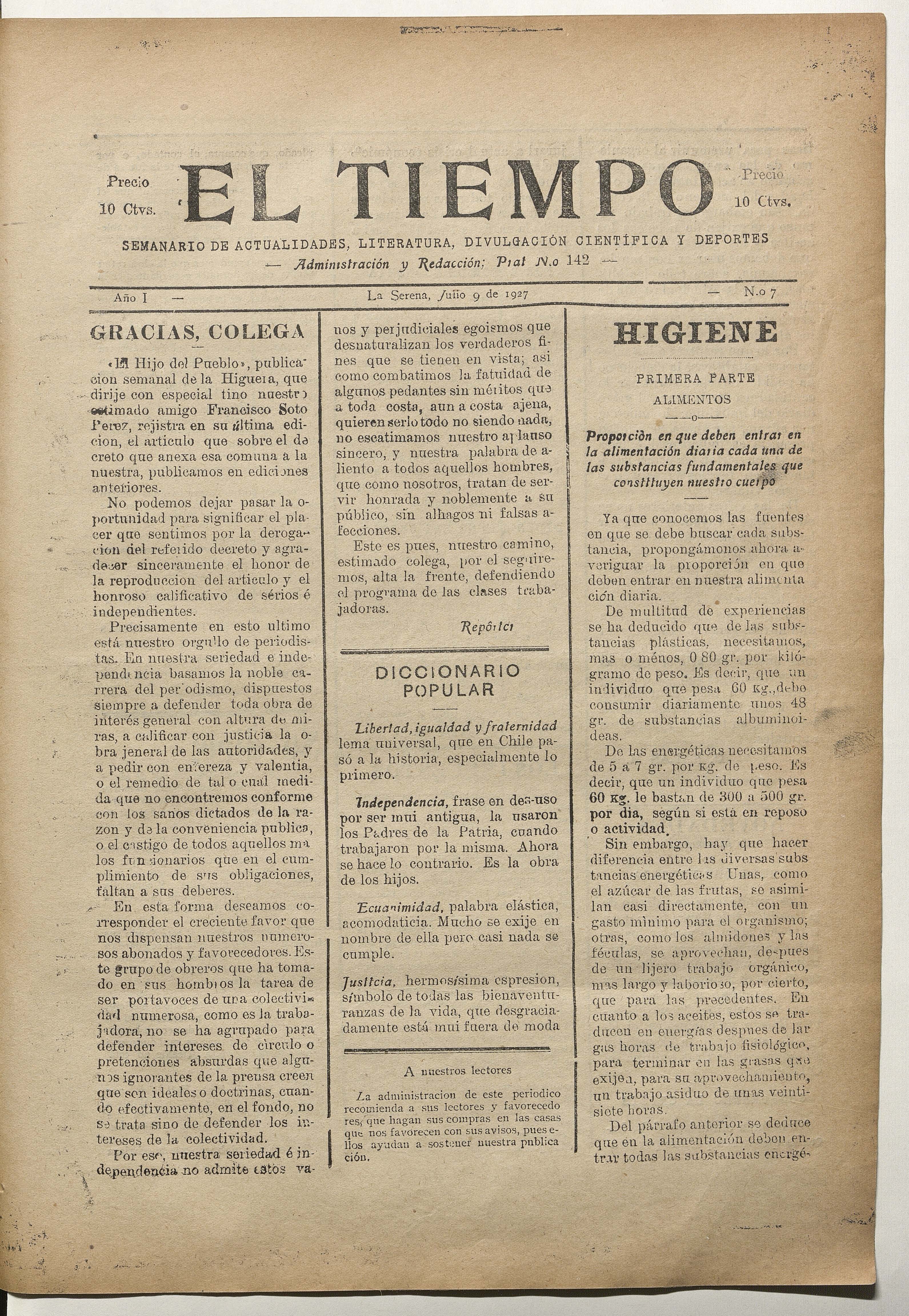 El Tiempo, número 7, 9 de julio de 1927