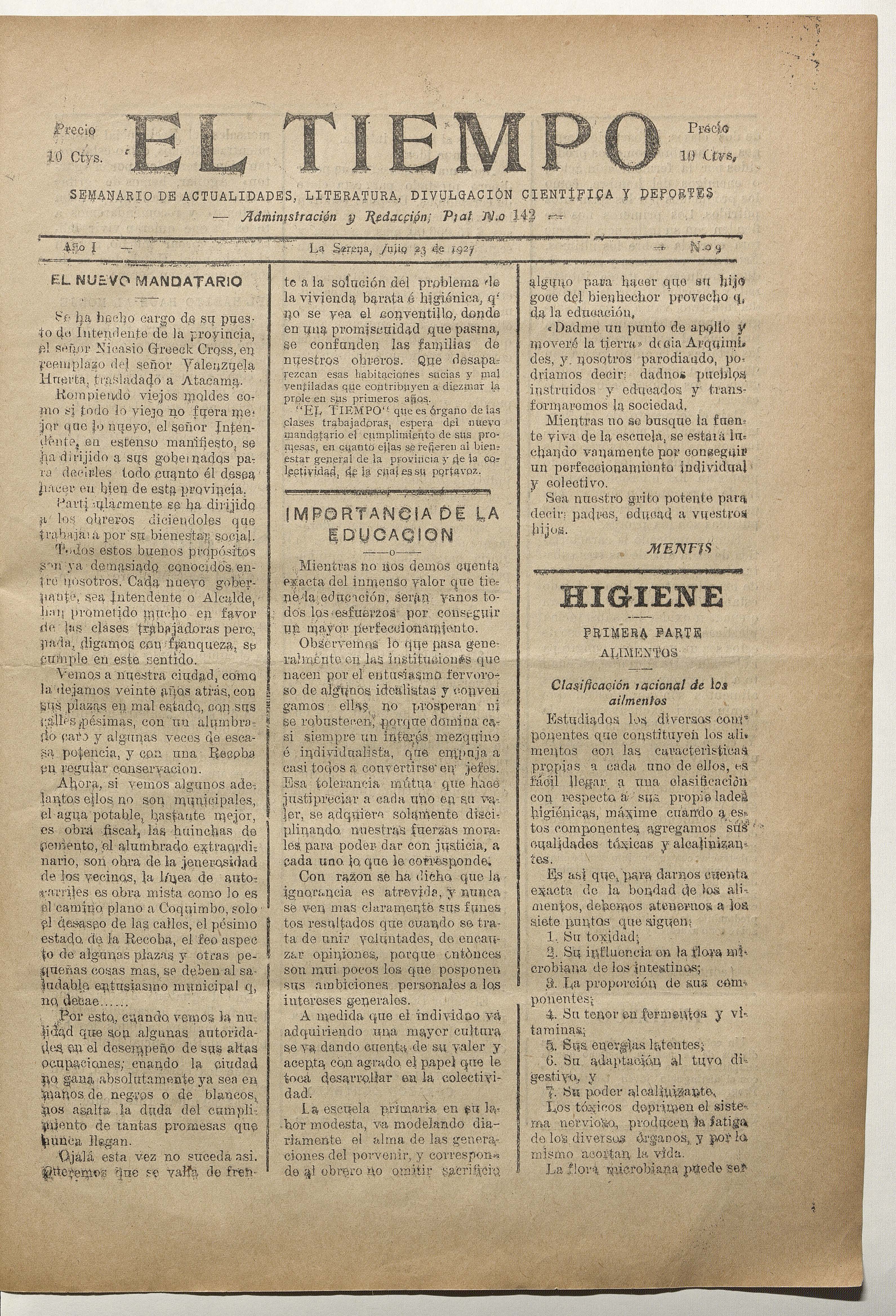 El Tiempo, número 9, 23 de julio de 1927