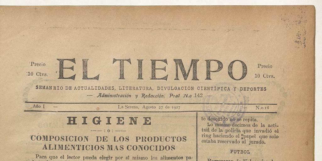 El Tiempo, número 14, 27 de agosto de 1927