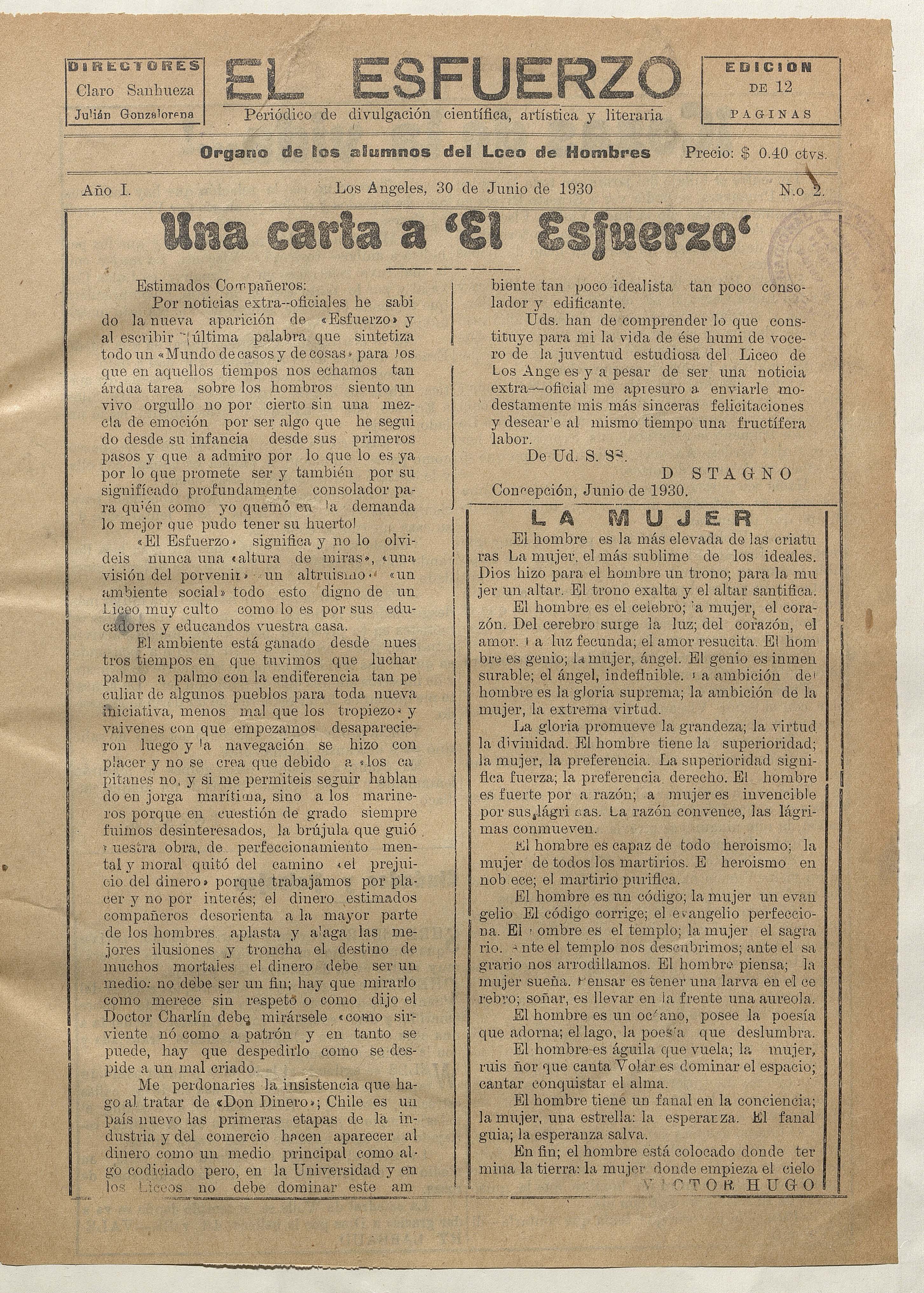 El Esfuerzo, número 2, 30 de junio de 1930