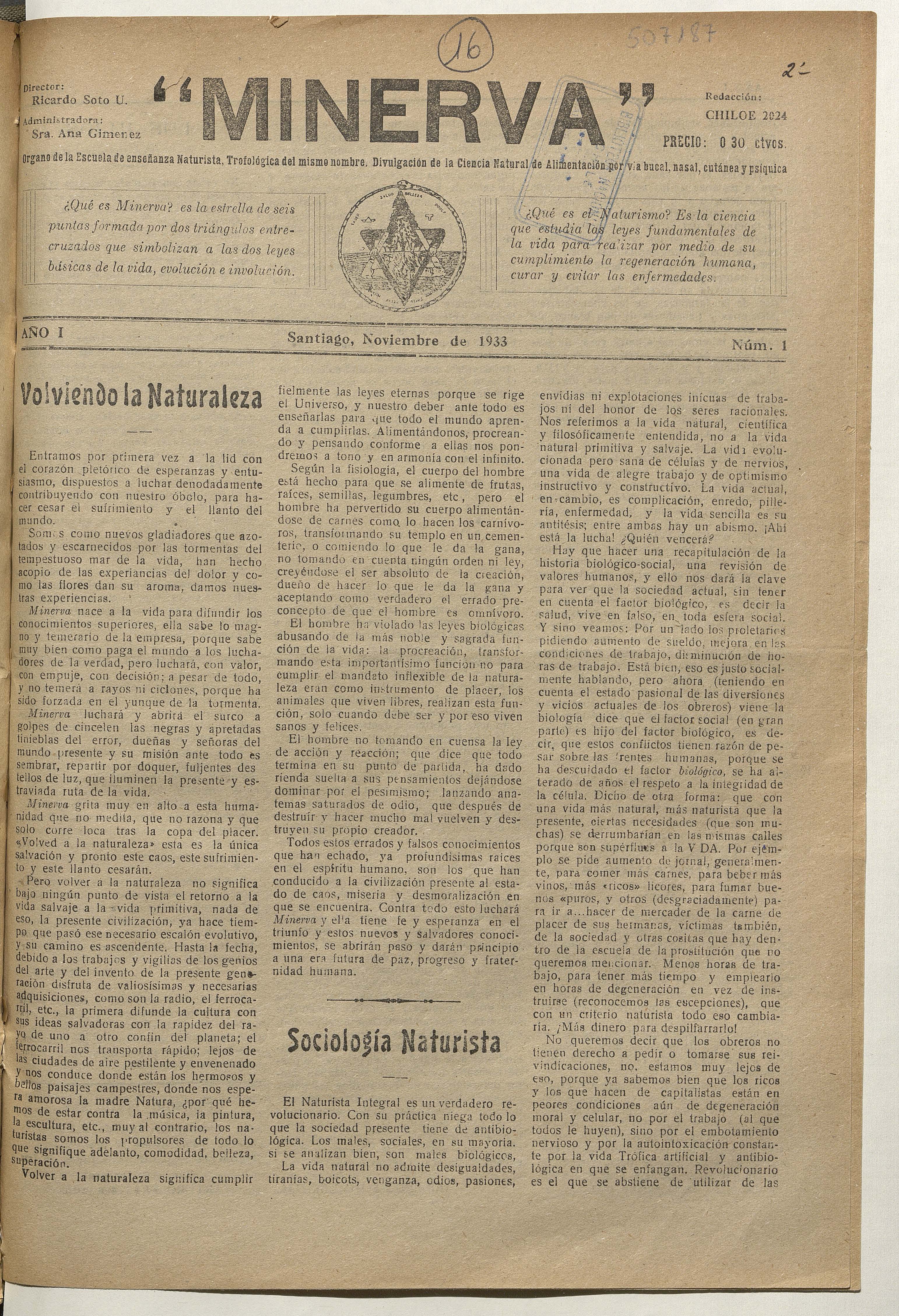 Minerva, número 1, noviembre de 1933