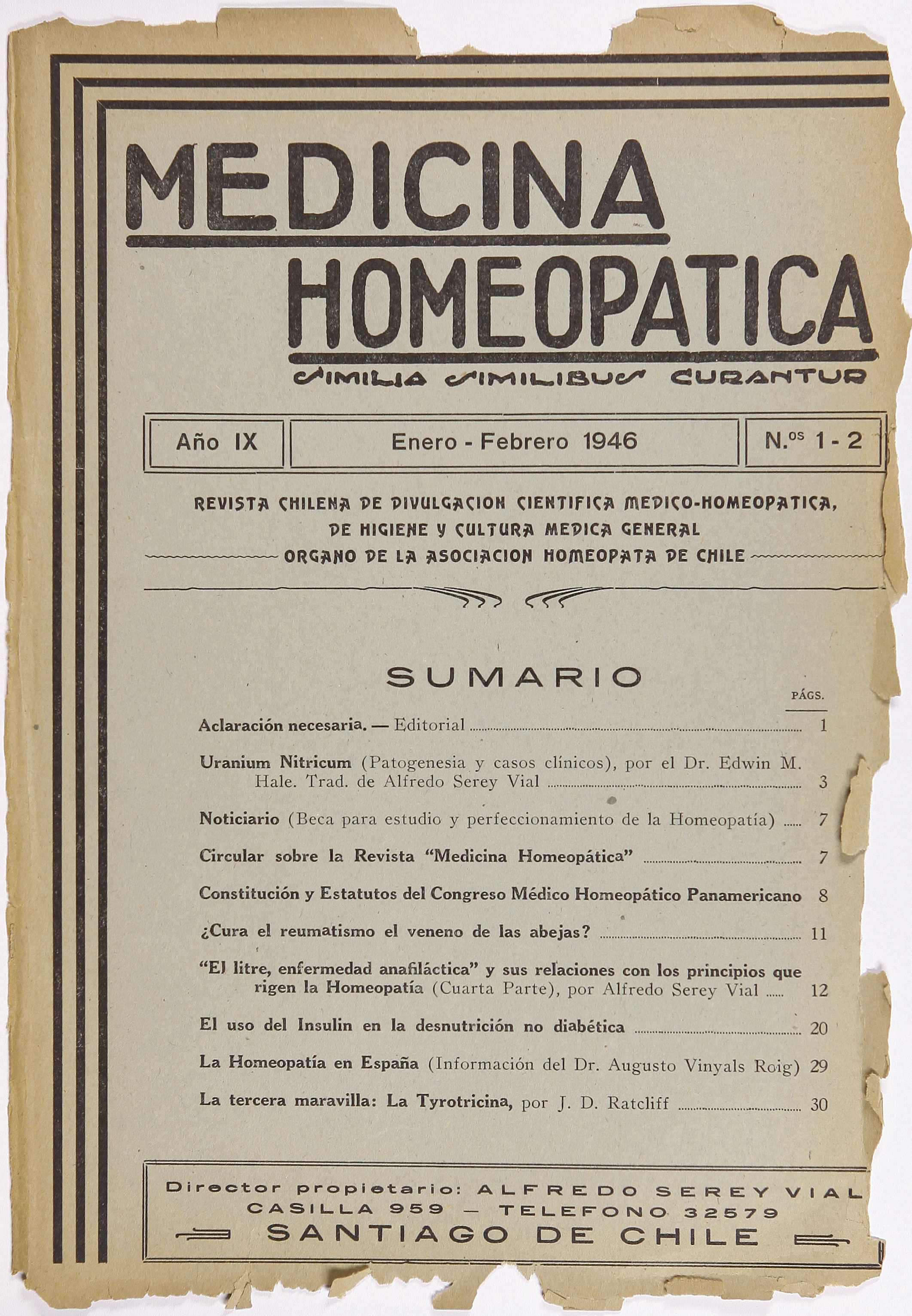 Medicina homeopática, números 1-2, enero-febrero de 1946