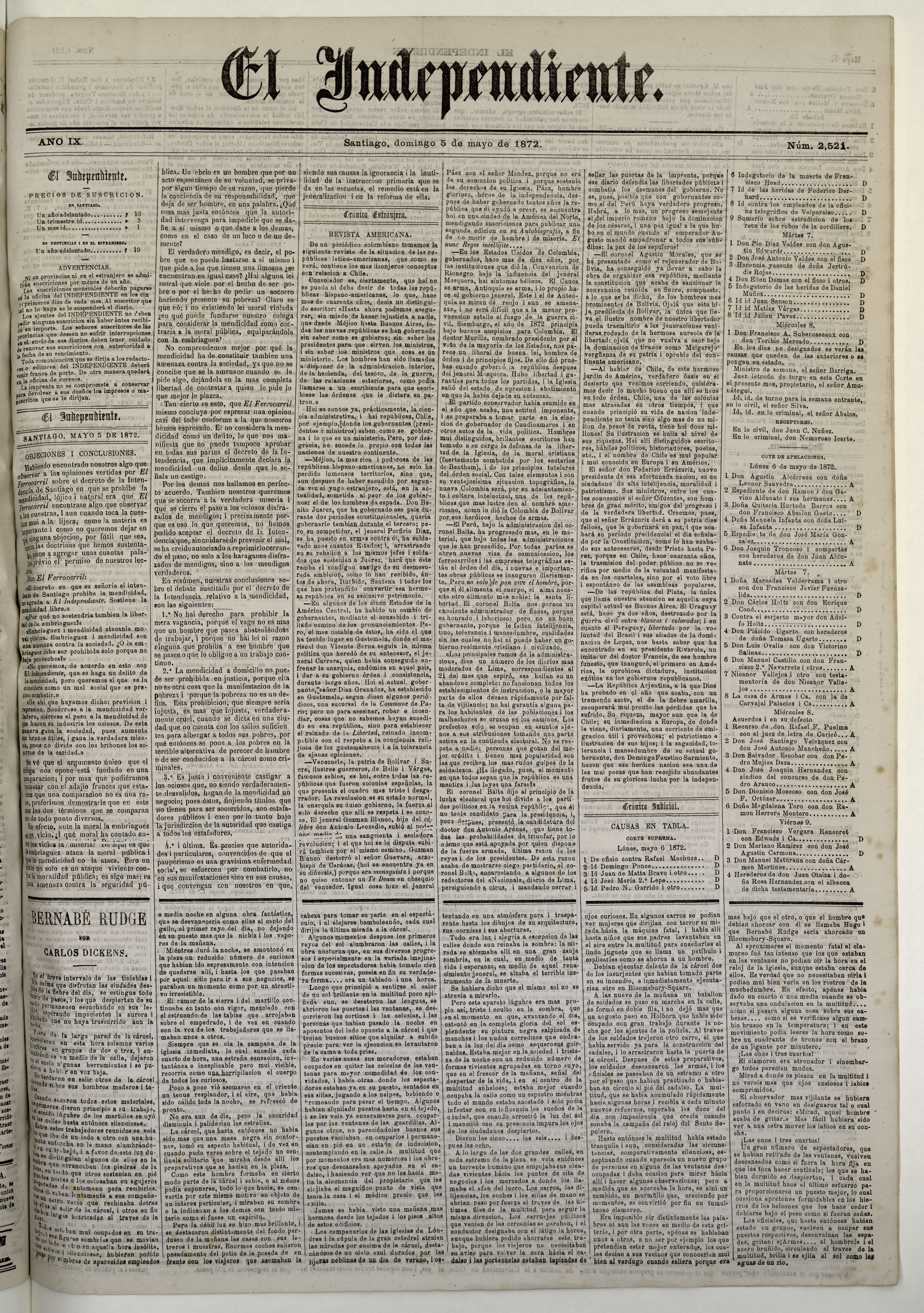 El Independiente: N° 2.521, 03 de mayo de 1872 (4 páginas)
