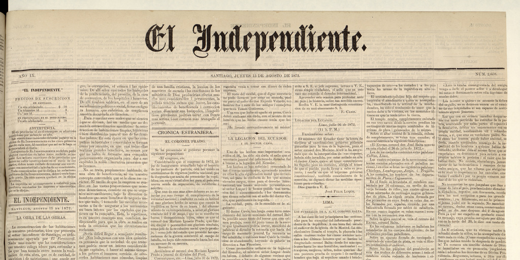 El Independiente: N° 2.608, 15 de agosto de 1872 (4 páginas)