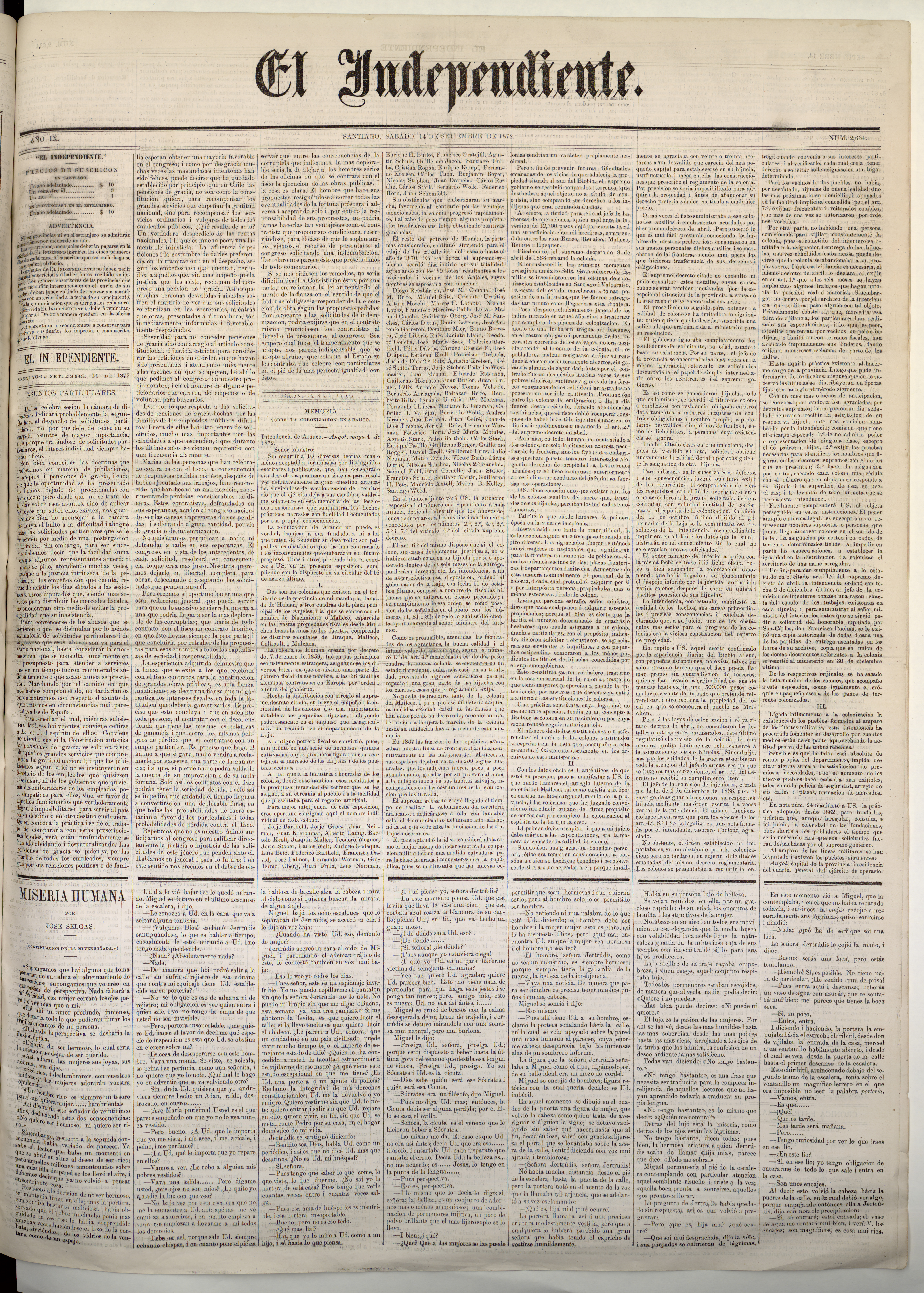 El Independiente: N° 2.634, 14 de septiembre de 1872 (4 páginas)