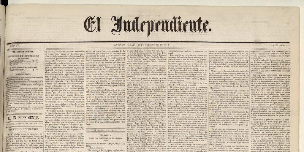 El Independiente: N° 2.634, 14 de septiembre de 1872 (4 páginas)