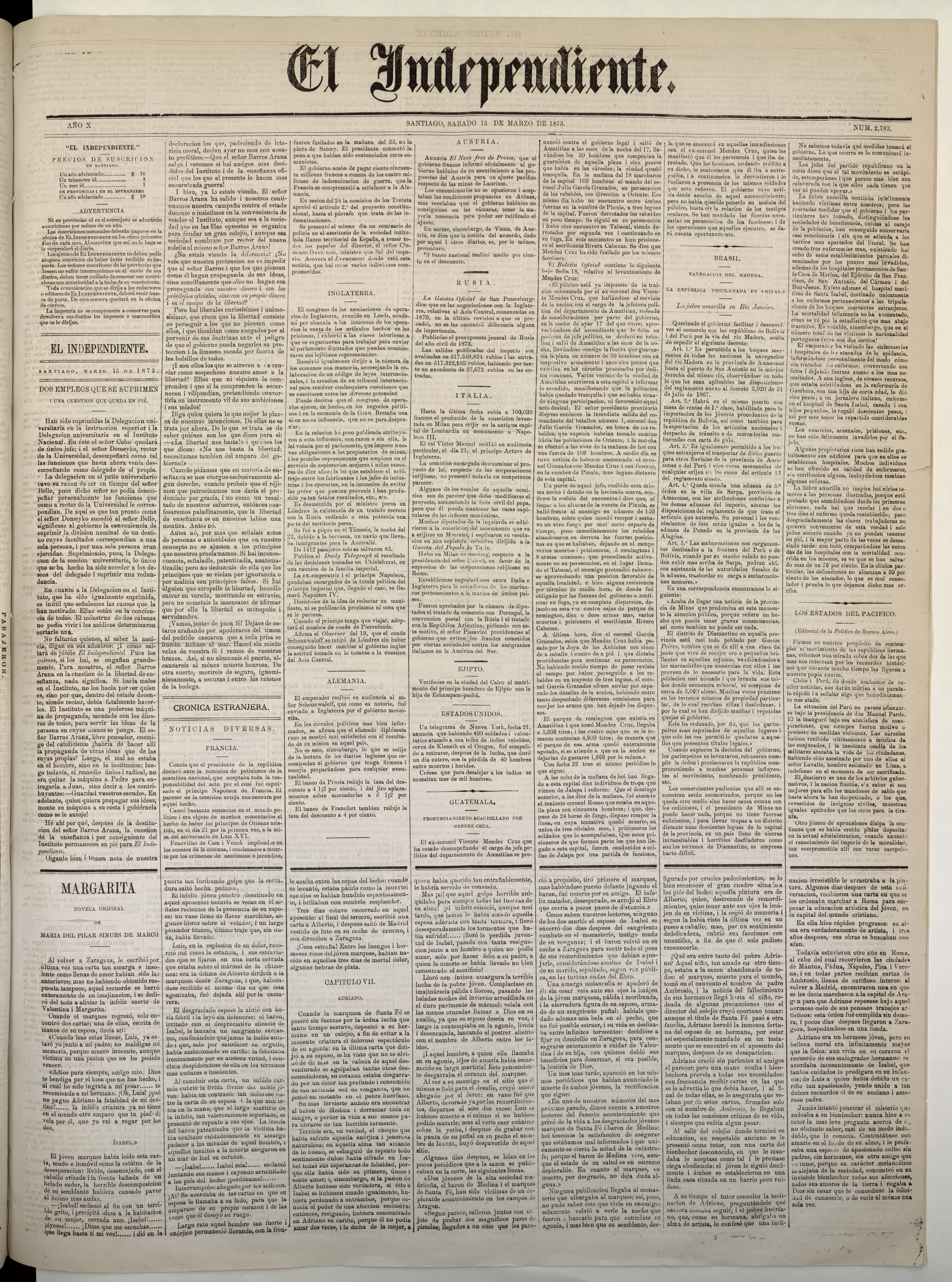 El Independiente: N° 2783, 15 de marzo de 1873 (4 páginas)