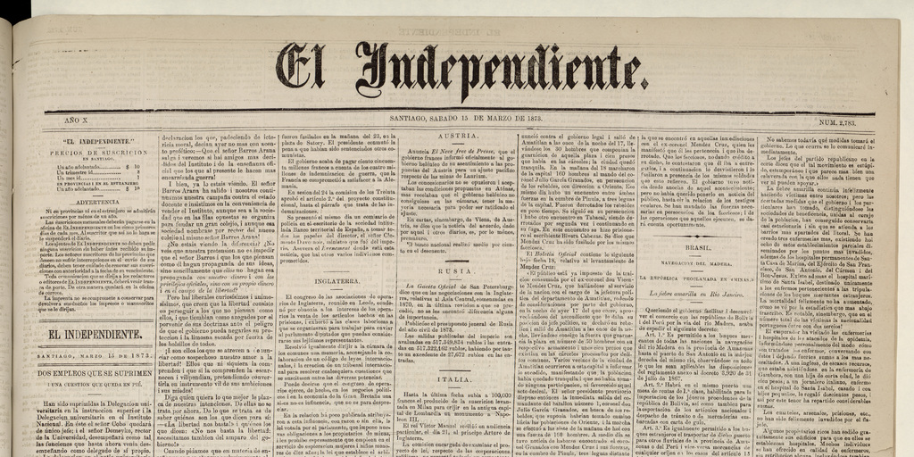 El Independiente: N° 2783, 15 de marzo de 1873 (4 páginas)