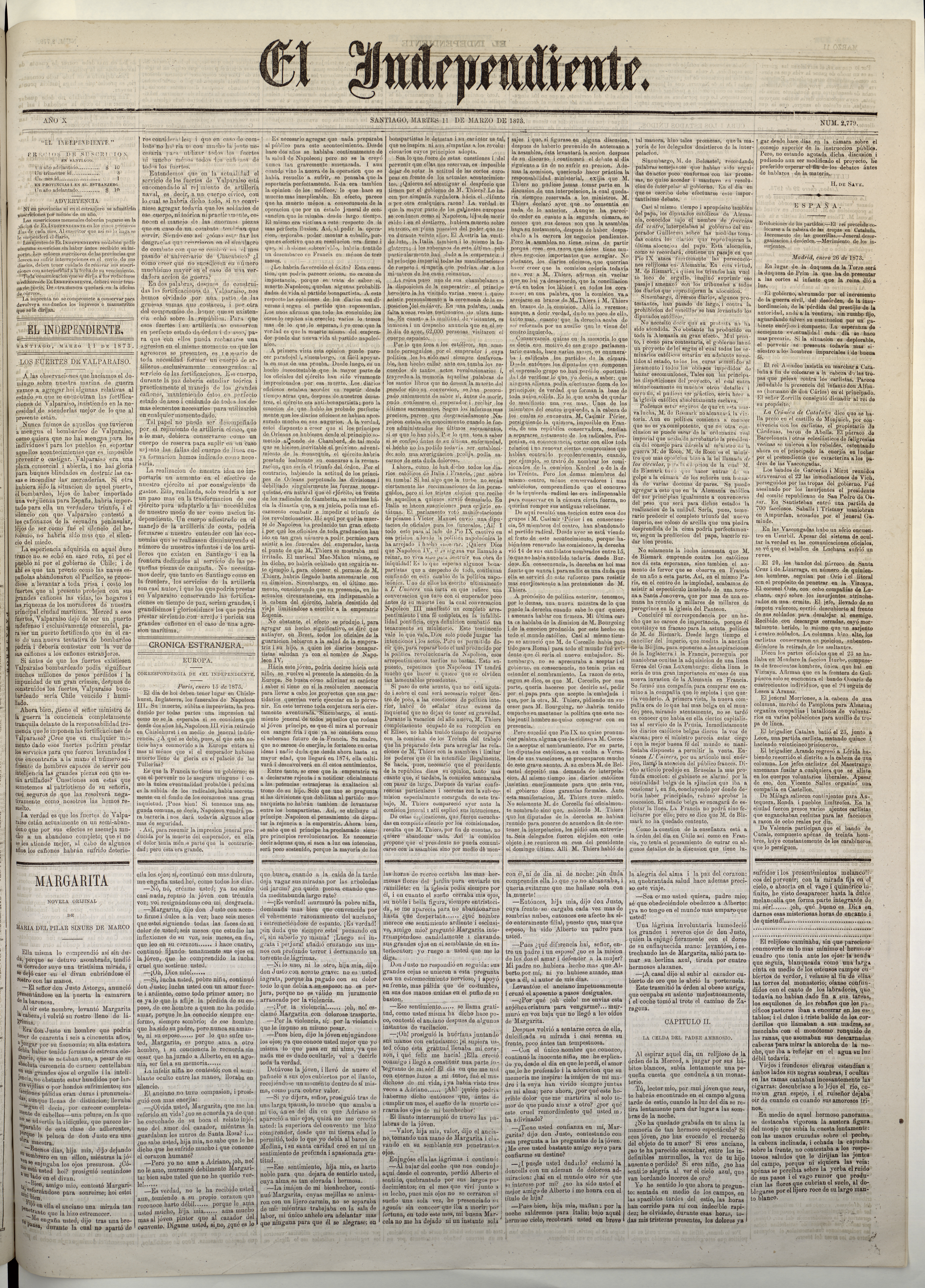 El Independiente: 2.779, 11 de marzo de 1873 (4 páginas)