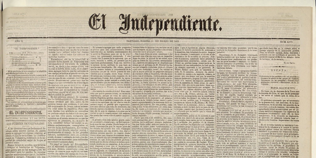 El Independiente: 2.779, 11 de marzo de 1873 (4 páginas)