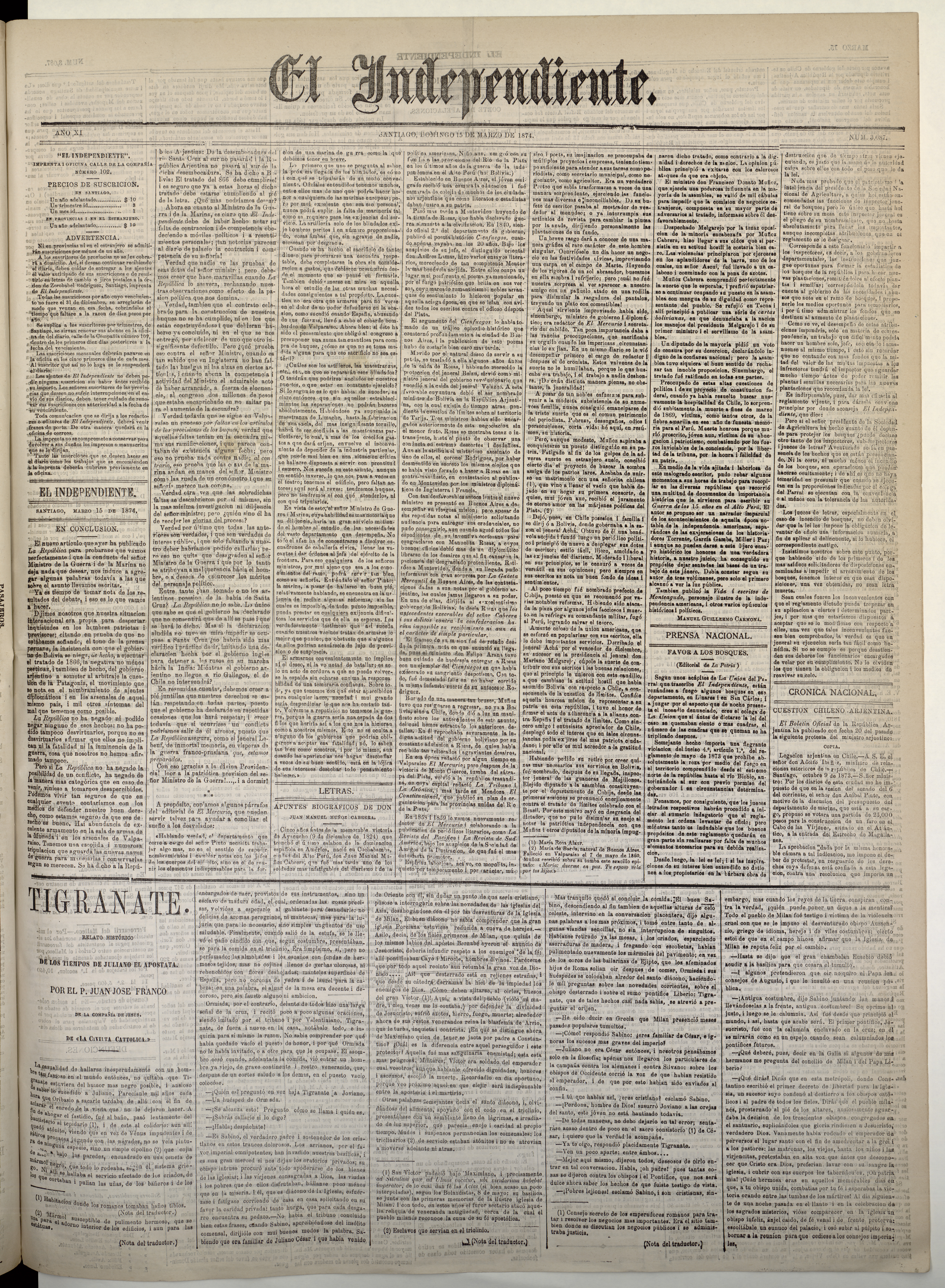 El Independiente: 3,087, 15 de marzo de 1874 (4 páginas)