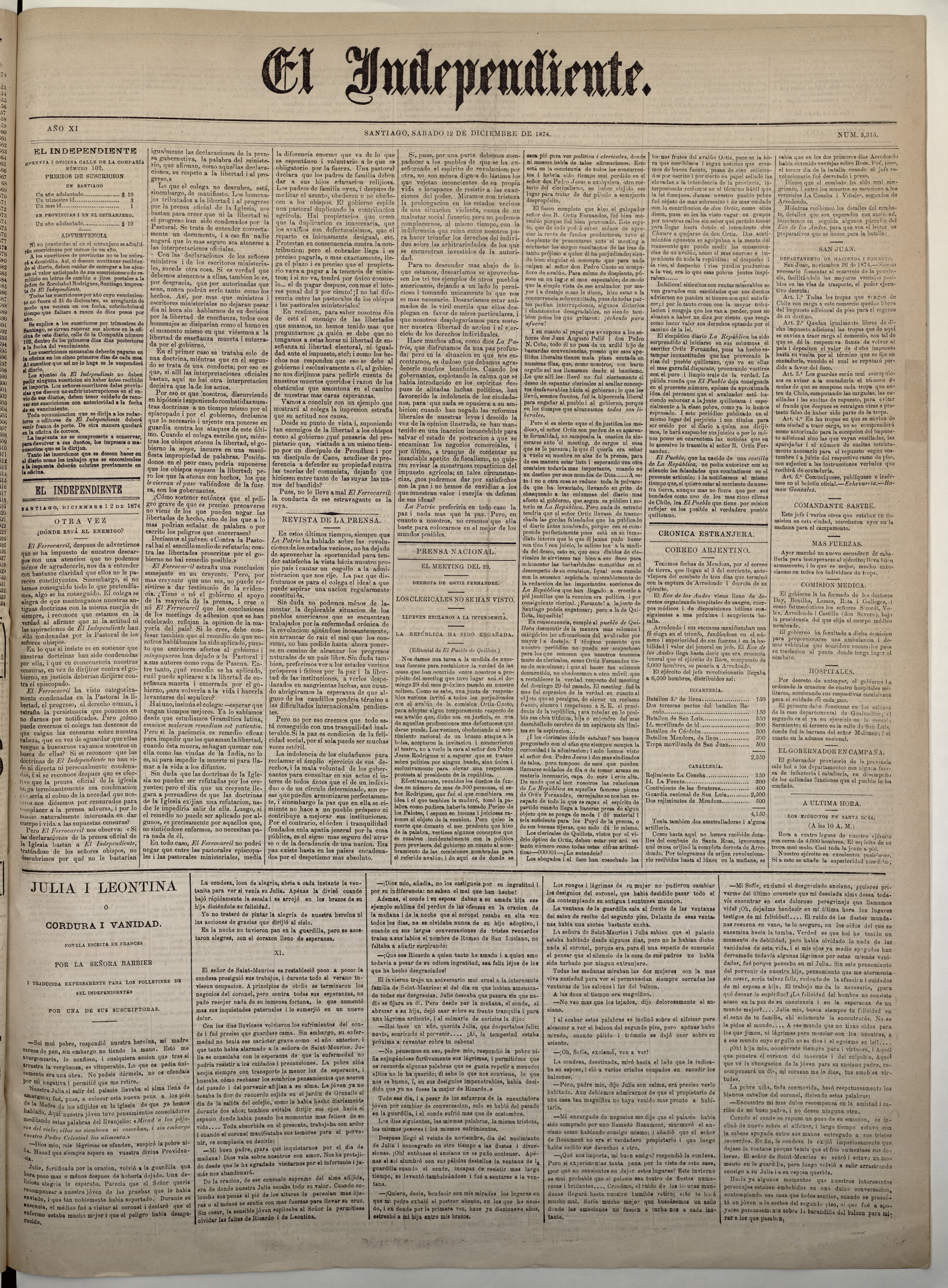 El Independiente: N° 3.315, 12 de diciembre de 1874 (4 páginas)