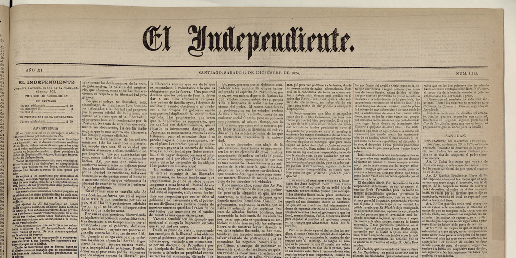 El Independiente: N° 3.315, 12 de diciembre de 1874 (4 páginas)