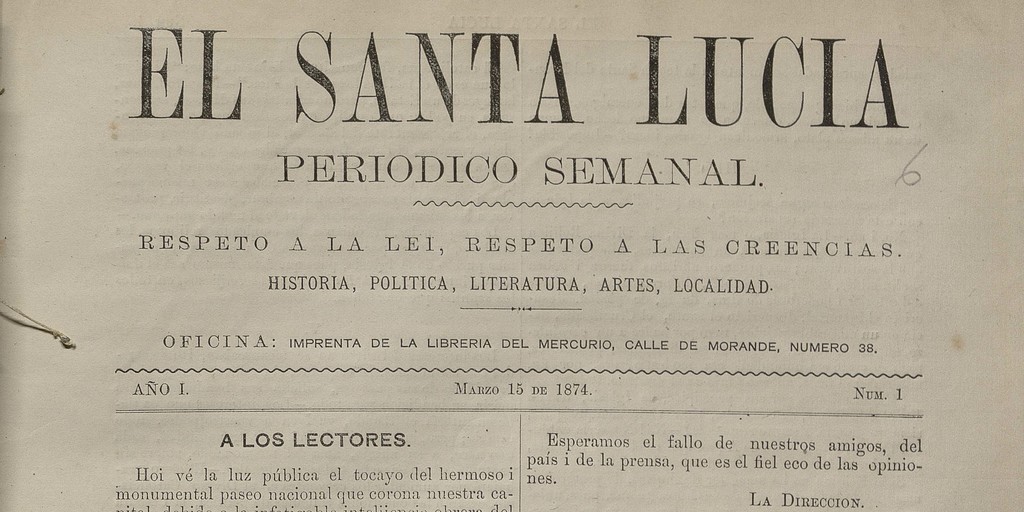 El Santa Lucía: N° 1, 15 de marzo  de 1874