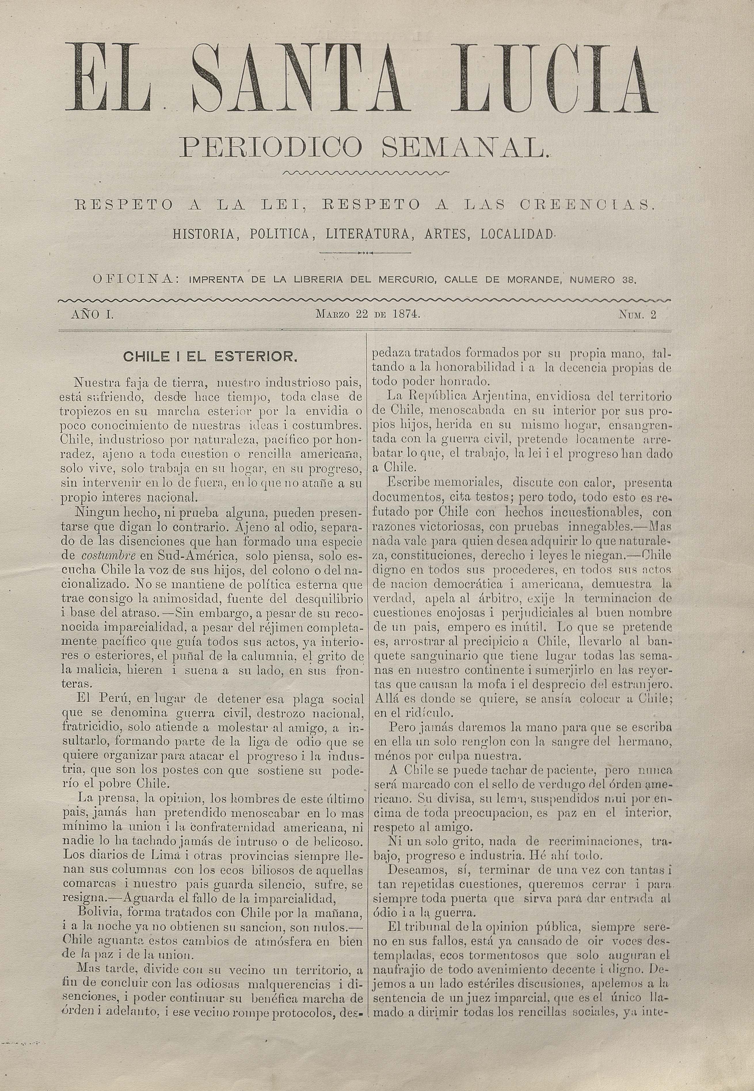 El Santa Lucía: N° 2, 22 de marzo de 1874