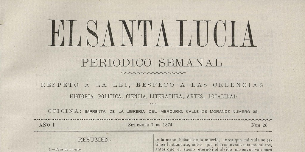 El Santa Lucía. Año I, número 26, 7 de septiembre de 1874