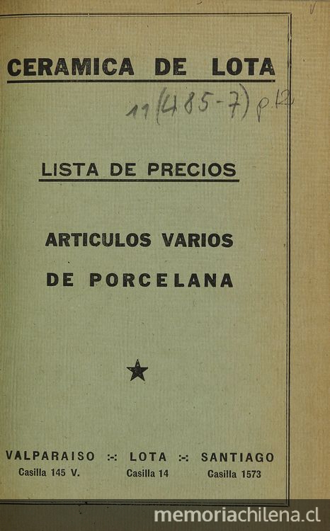 Cerámica de Lota: Lista de precios: artículos varios de porcelana. Valparaíso.