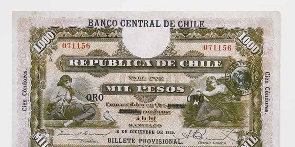 Pie de foto: Billete de 1.000 pesos Banco Central, 1925