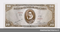 Pie de foto: Billete de 20 pesos Banco Central, 1939