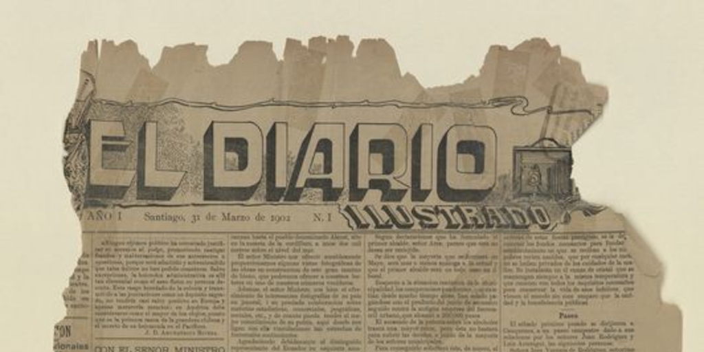 Pie de foto: El Diario Ilustrado N° 1. Trozo del número uno con la publicación de su primer fotograbado.