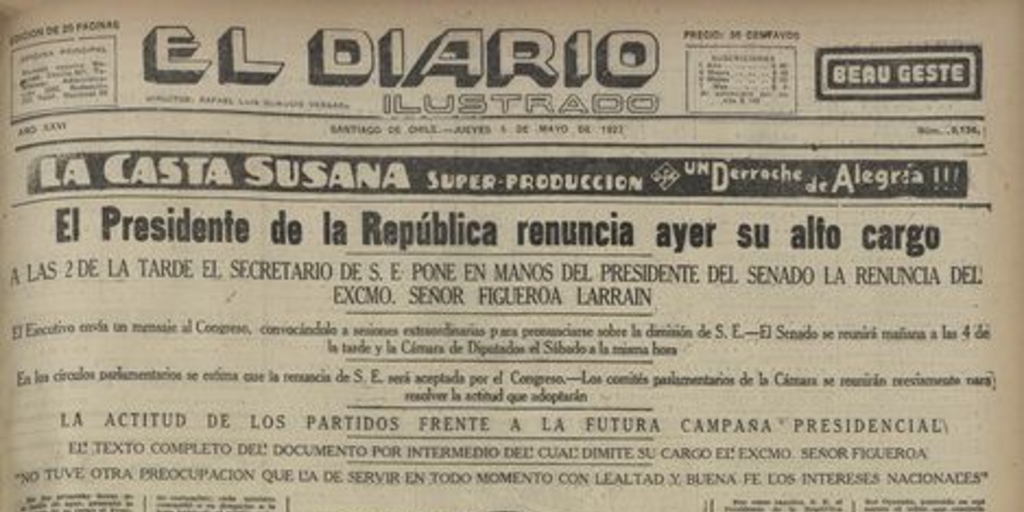 El Diario Ilustrado. Santiago. N° 9134. (5 de mayo de 1927). P. 1 y p. 5.