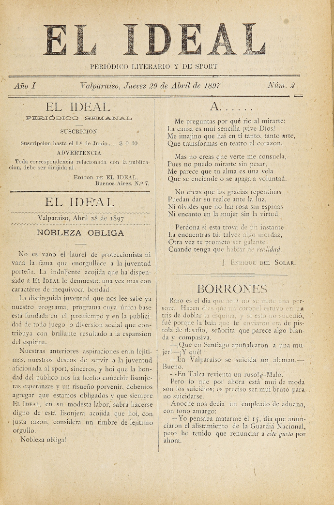 El Ideal. Año I, número 2, 29 de abril de 1897