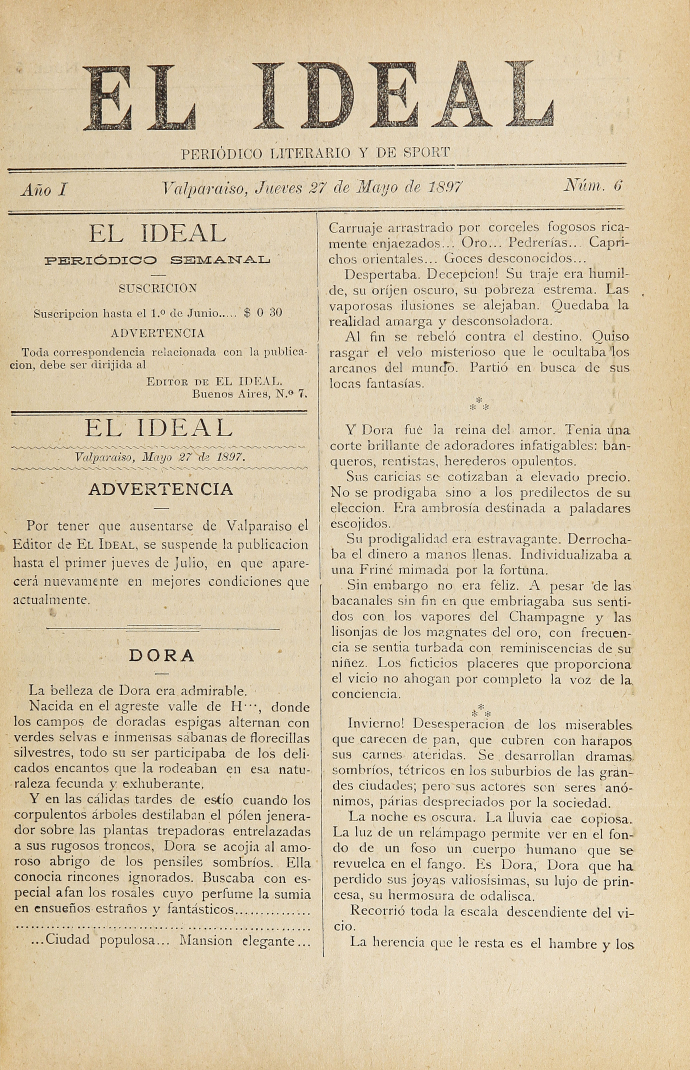 El Ideal. Año I, número 6,  27 de mayo de 1897