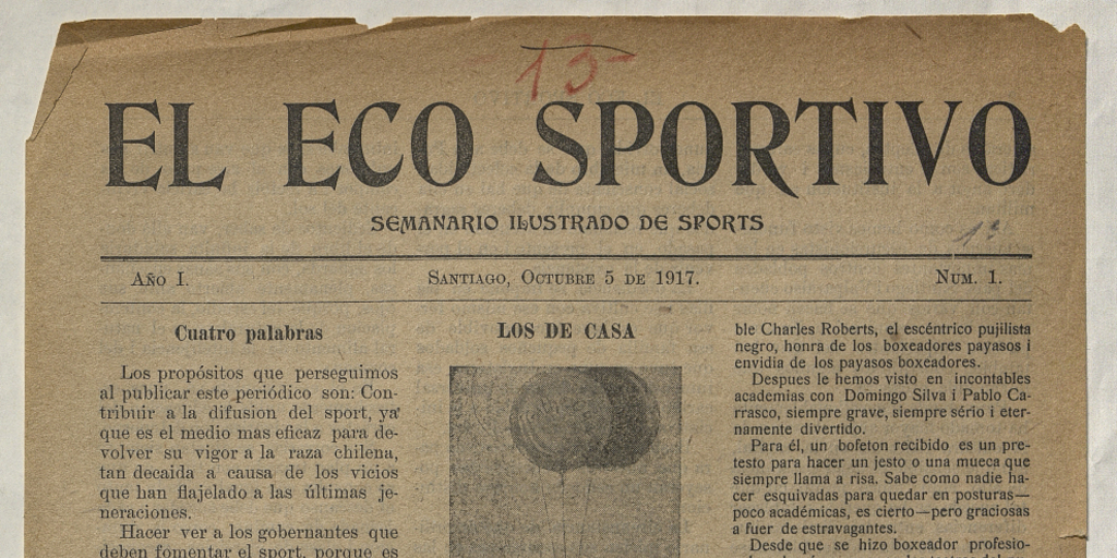 El Eco Sportivo. Semanario ilustrado de Sports. Año I, número 1, 5 de octubre de 1917