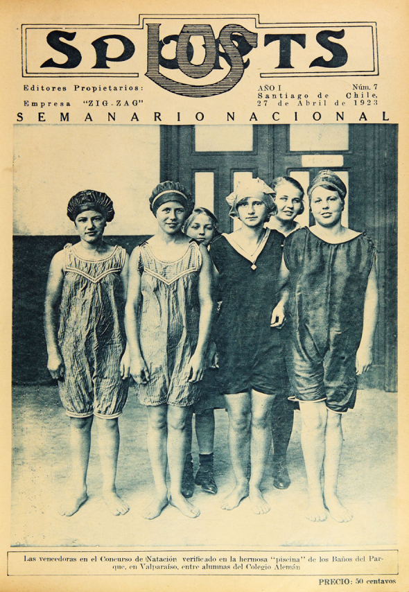 Las vencedoras en el concurso de natación verificado en la hermosa “piscina” de los Baños del Parque en Valparaíso, entre alumnas del Colegio Alemán