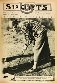 Señorita Violeta Price, bello exponente del golf nacional en un “putting”, en la cancha de obstáculos del Valparaíso Golf Club