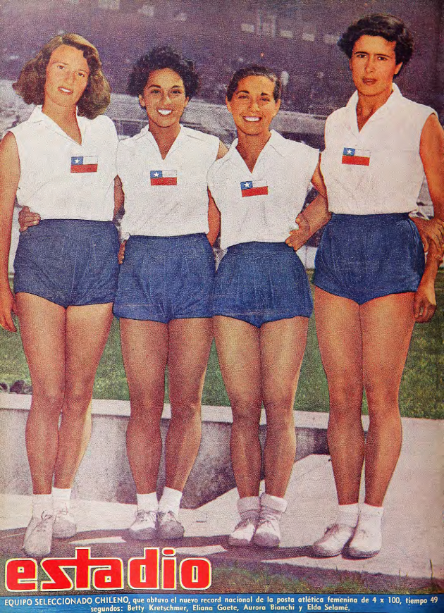 Equipo seleccionado chileno que obtuvo el record nacional de la posta atlética femenina de 4x100; Betty Kretschmer