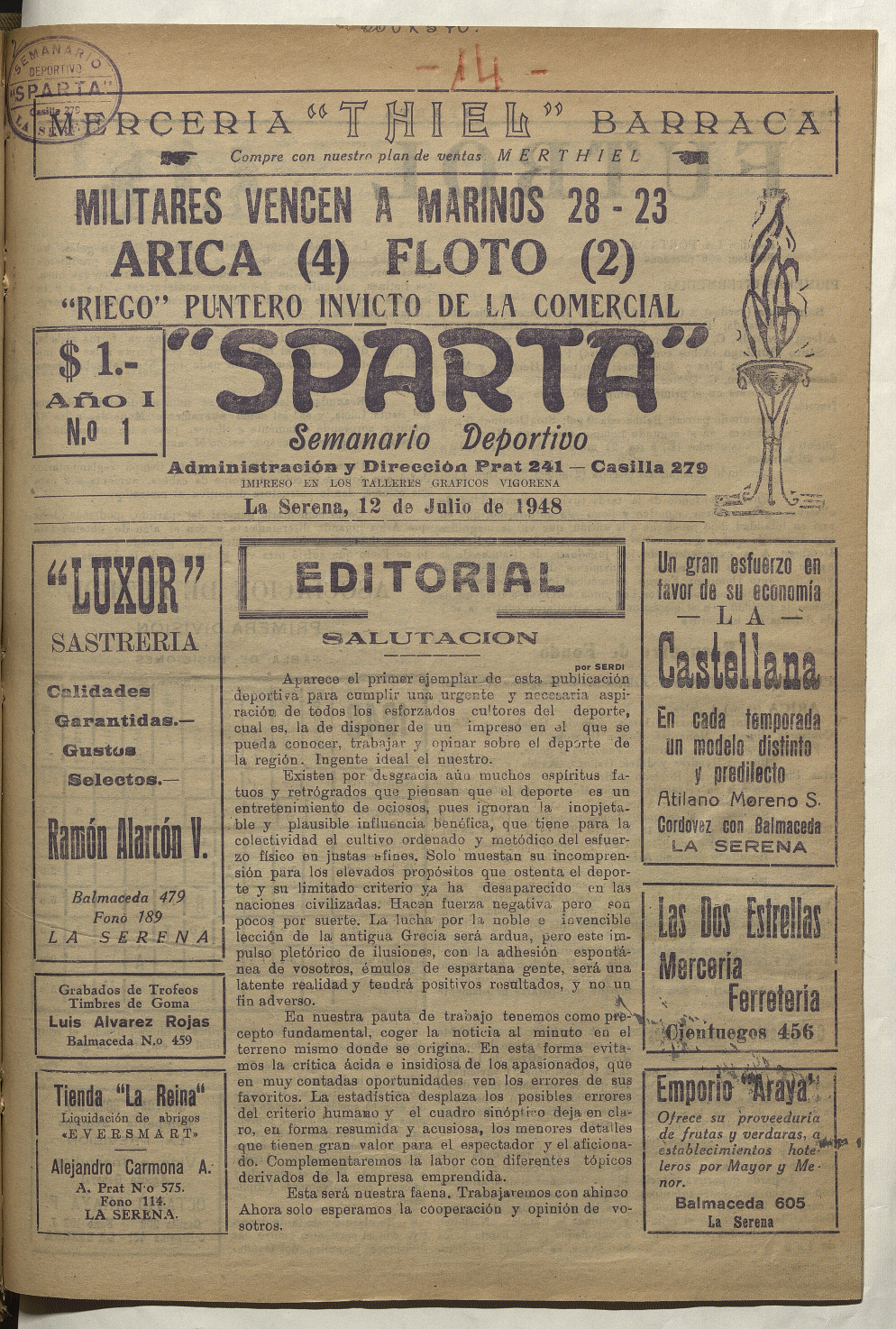 Sparta. Año I, número 1, 12 de julio de 1948
