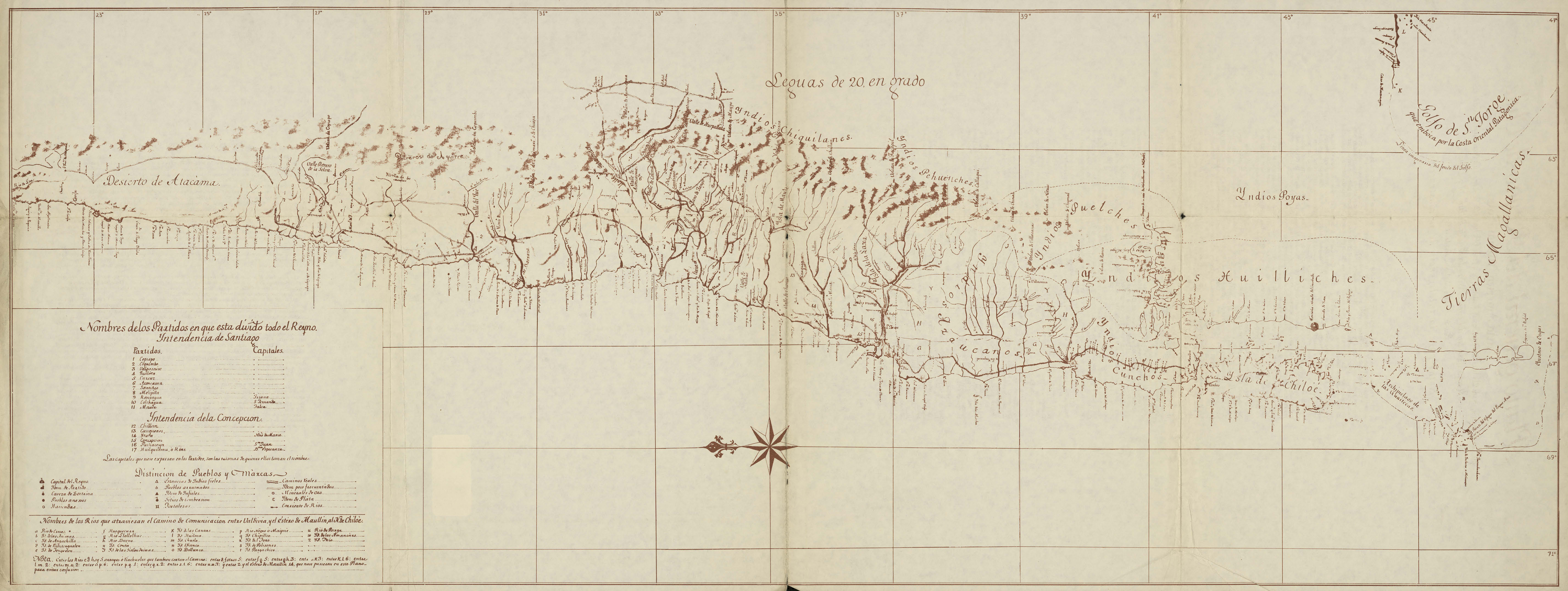 Plano general del Reyno de Chile en la América Meridional que comprehende desde 21 12 hasta 47, grados de Latitud S. y desde 6 1/2 hasta 75. de Longitud Occidental de Cádiz. Hecho de Orden del Exmo. Sox. Virrey del Perú Ix. Dn. Franco. Gil y Lémos