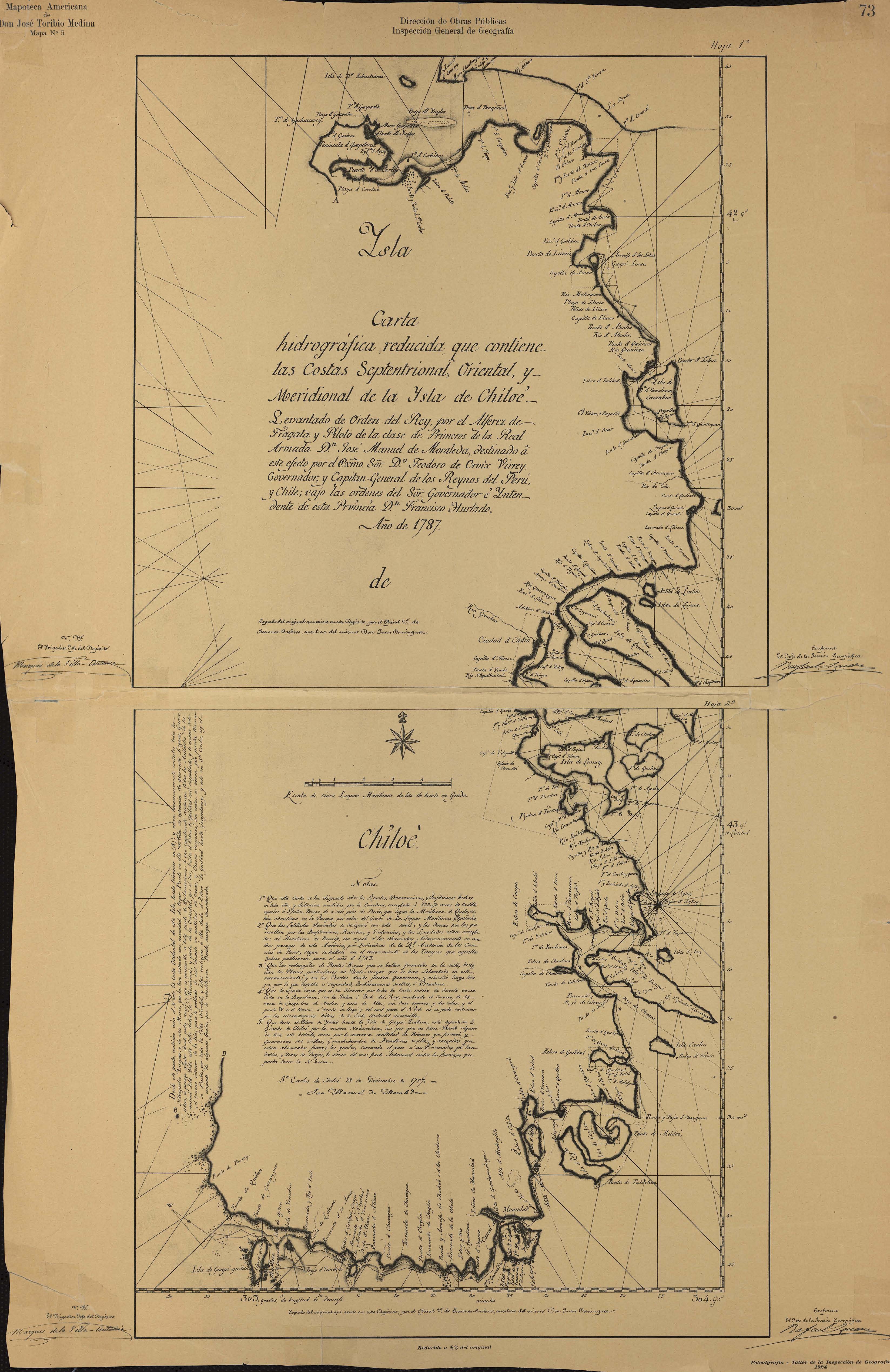 Isla de Chiloé carta hidrográfica reducida que contiene las costas septentrional, oriental y meridional de la isla de Chiloé..., San Carlos de Chiloé, 28 de diciembre de 1787 [material cartográfico] : levantado de orden del Rey, por el Alférez de fragata y piloto de la clase de primeros de la Real Armada, Don José Manuel de Moraleda