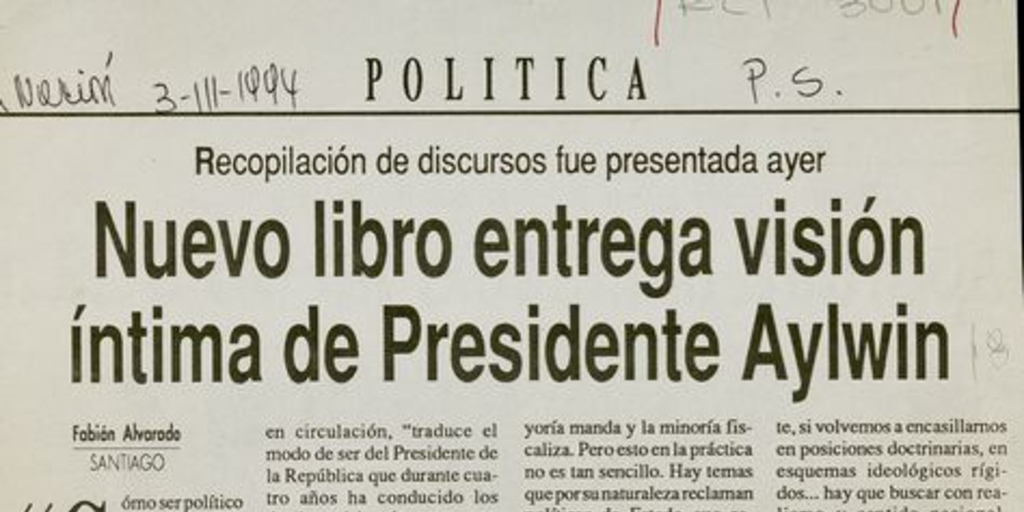 "Nuevo libro entrega visión íntima del presidente Aylwin", La Nación, (Santiago), 3 de marzo, 1994, p.5.