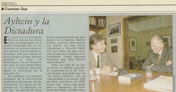 "Aylwin y la dictadura", El Mercurio, (Santiago), 11 de octubre, 1998, p.D28.