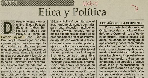 "Ética y política", El Diario, (Santiago), 5 de agosto, 1991, p. 22.