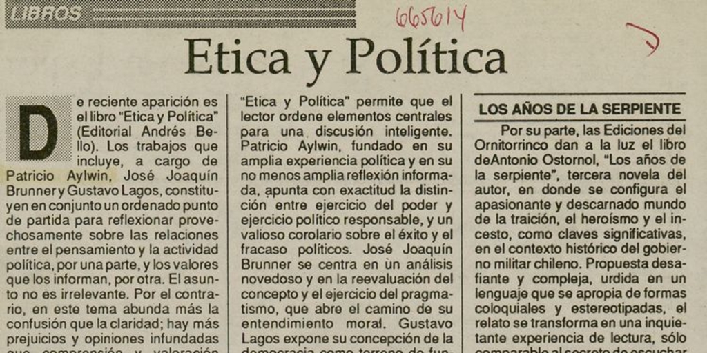 "Ética y política", El Diario, (Santiago), 5 de agosto, 1991, p. 22.