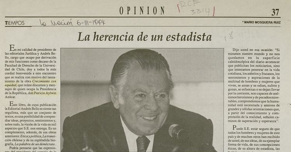 "La herencia de un estadista", La Nación, (Santiago), 6 de marzo, 1994 p.37.