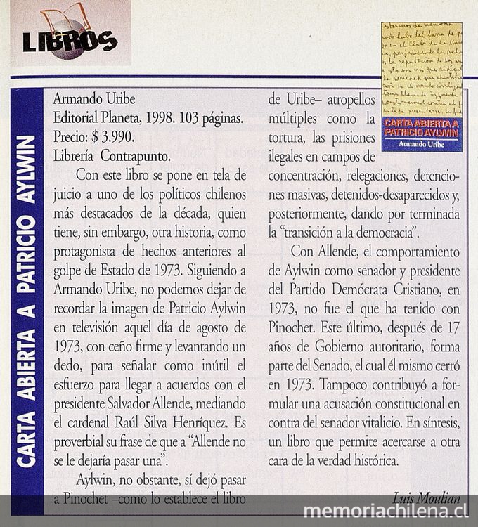 "Carta abierta a Patricio Aylwin", Ercilla, (3093): 87, 7 de septiembre, 1998.