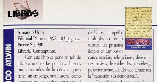 "Carta abierta a Patricio Aylwin", Ercilla, (3093): 87, 7 de septiembre, 1998.