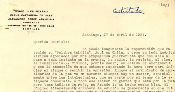 Carta de Elena Caffarena a Gabriela Mistral