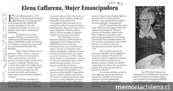 "Elena Caffarena: Mujer emancipadora", Tiempo, (La Serena), 14 de marzo, 2003, p.2 (suplemento).