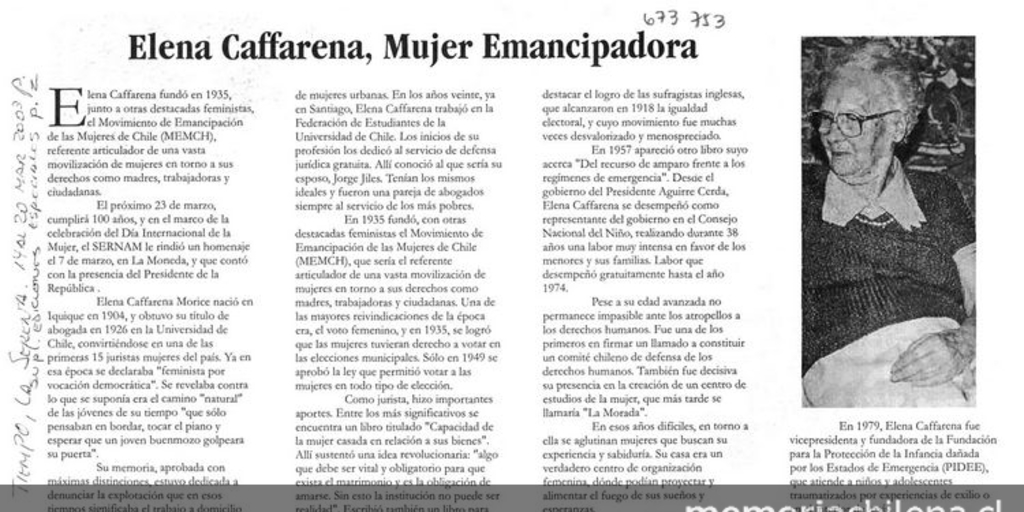 "Elena Caffarena: Mujer emancipadora", Tiempo, (La Serena), 14 de marzo, 2003, p.2 (suplemento).