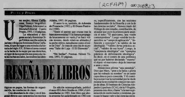 F.Q. "Reseña de libros", Pluma y pincel, (164): 47, noviembre, 1993.